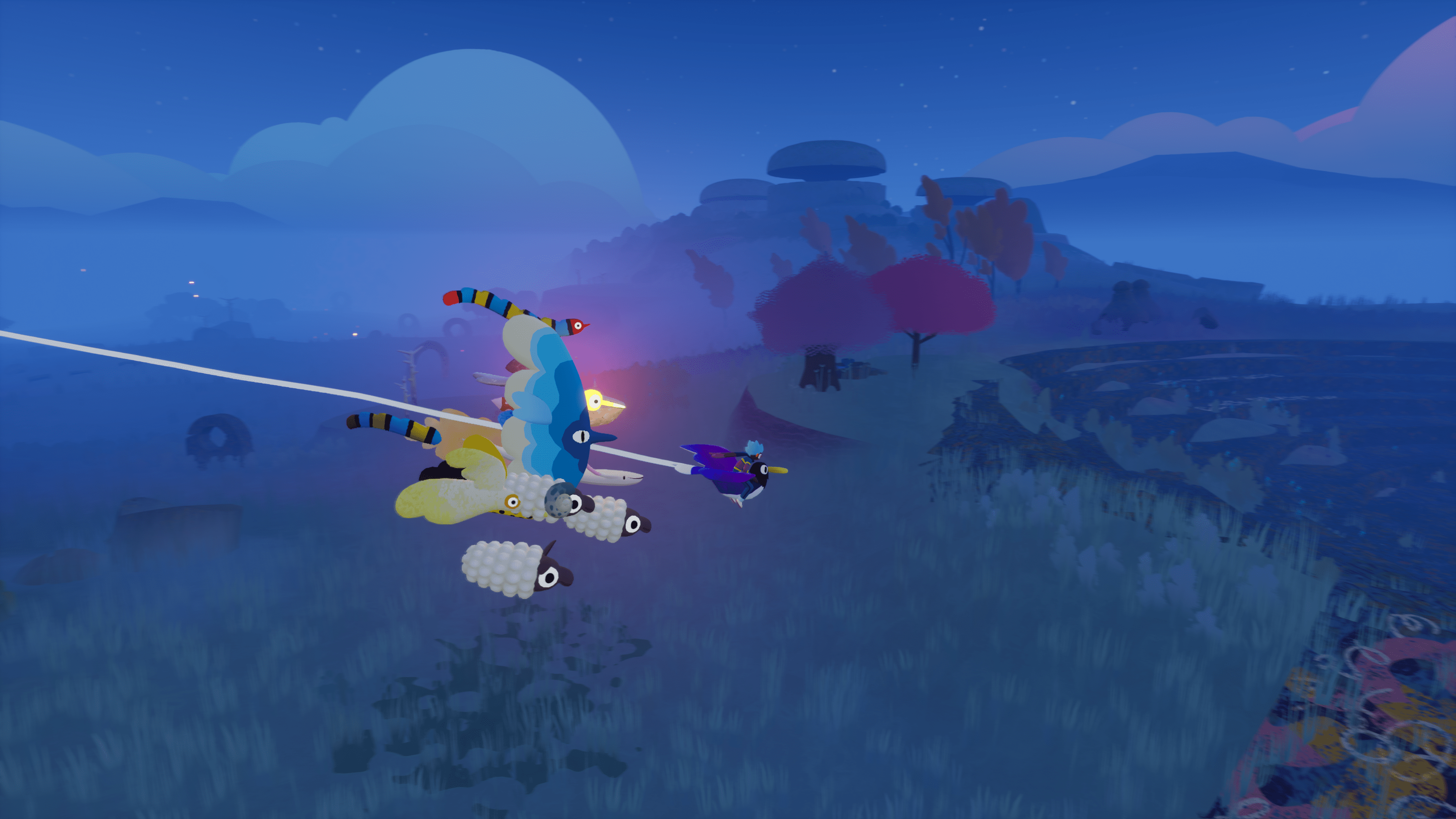 An image of a flock, filled with creatures of multiple shapes and colors, as well as a few sheep, being led by a blue-haired player on a purple bird. They're flying at night through some grasslands.