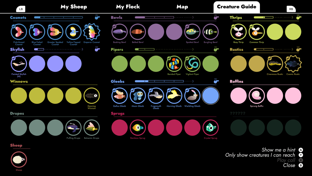 Screenshot of an incomplete creature guide. A black background contains rows of blocks of different colored circles to distinguish each family. Some of them are filled with each species, others only a few.