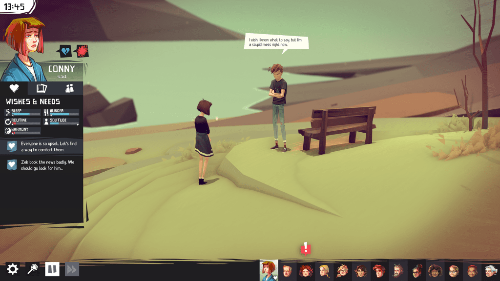 An close-up of Conny wearing a black sweater and skirt, her back to the camera, as she speaks with Zek, a white man with brown hair wearing a black t-shirt and cuffed jeans. They stand beside a bench. He has a text bubble saying "I wish I knew what to say but I'm a stupi mess right now." Conny's needs and wish's panel is also up on the screen, as well as the bottom UI showing a red exclamation mark to indicate an event elsewhere.