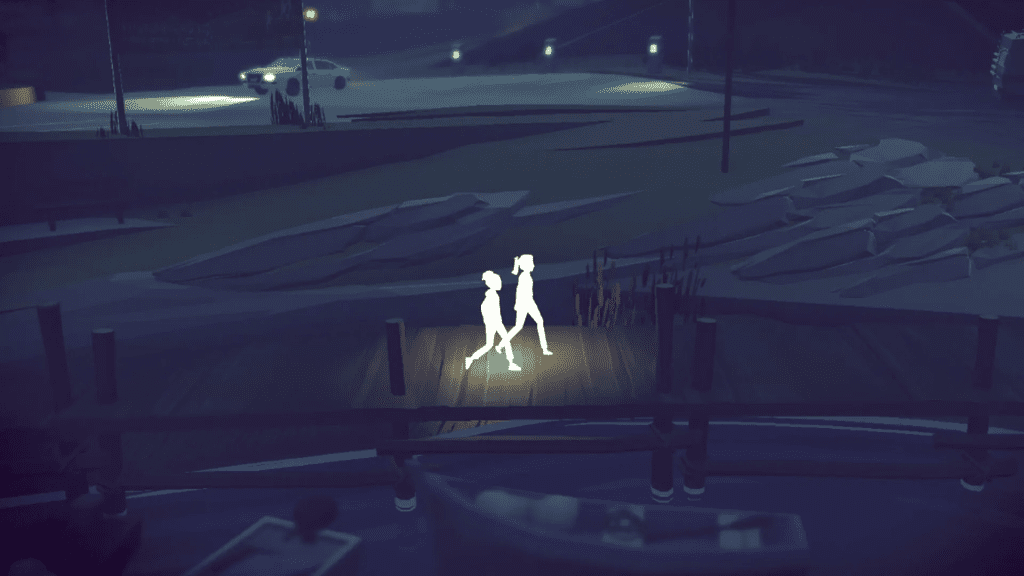 Nighttime on a bridge, featuring two white silhouttes of teenage/young adult women walking along. It is clear one is slightly taller with a ponytail, the other with a bun.